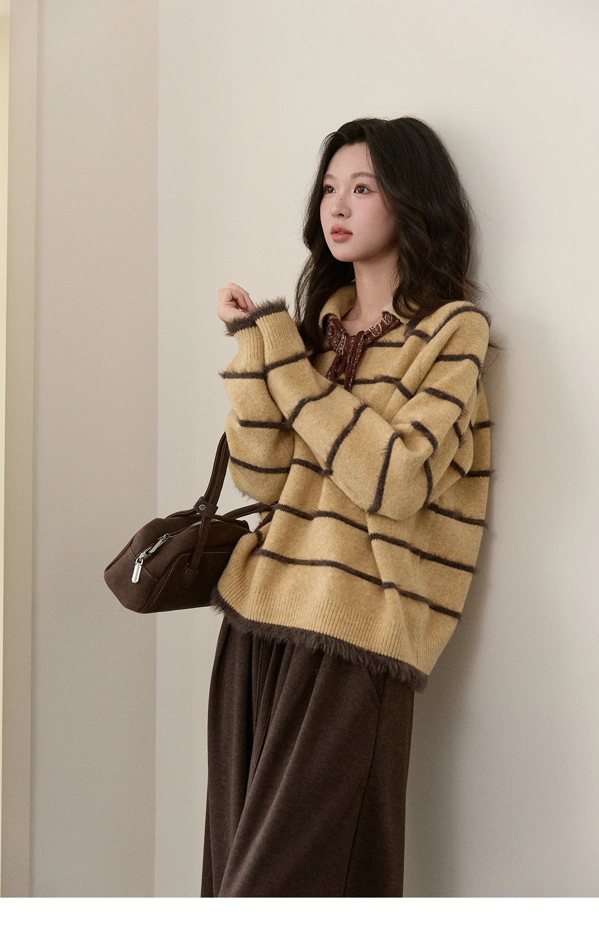 Mishow Faux Mink Fur Striped Lapel Tassel Sweater MXE93Z2945