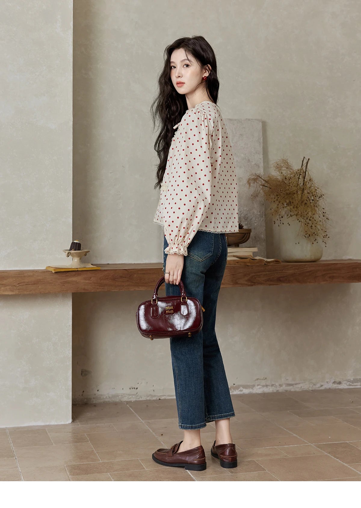 MISHOW Lace Up Polka Dot Round Neck Lace Shirt Elastic Petal Cuffs MXD44X1667