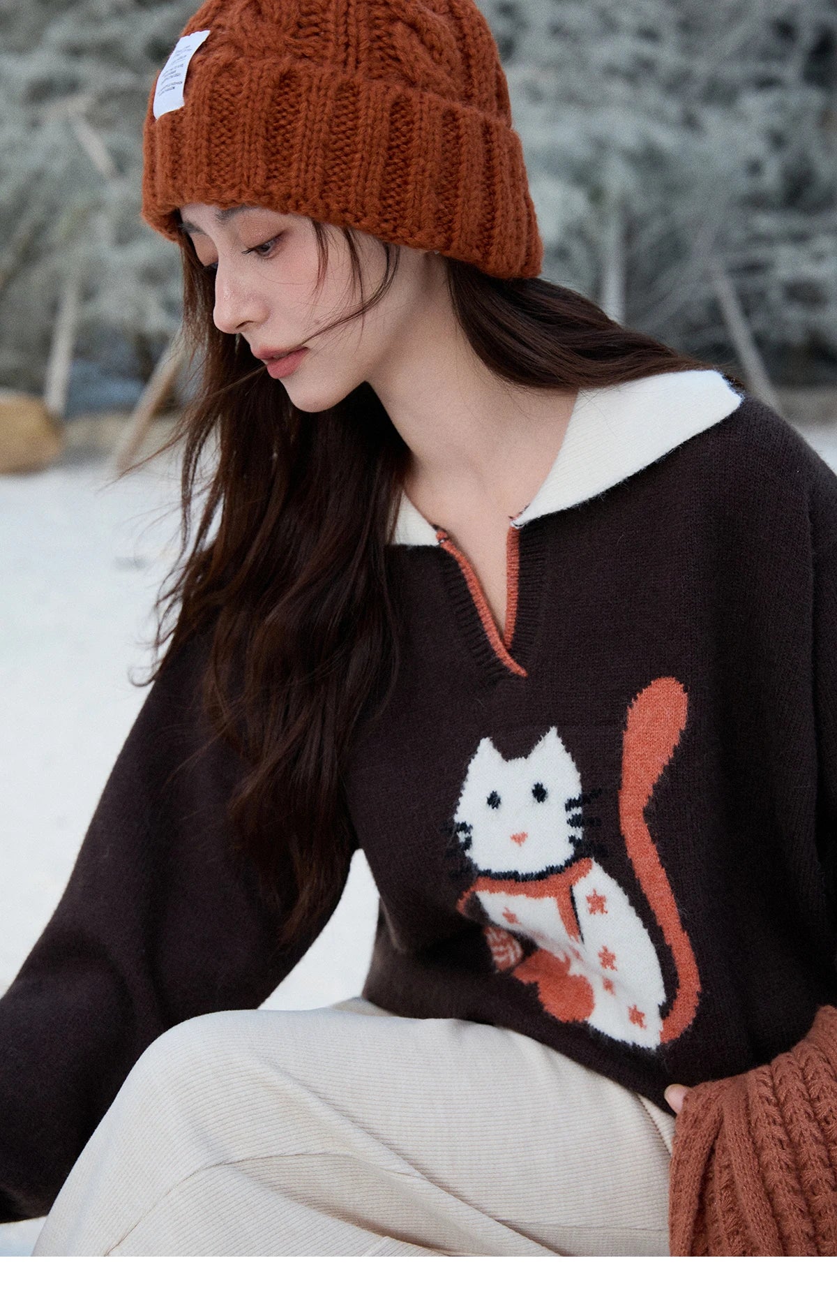 Mishow Retro Arctic Fleece Color Block Cat Sweater MXE90Z2835