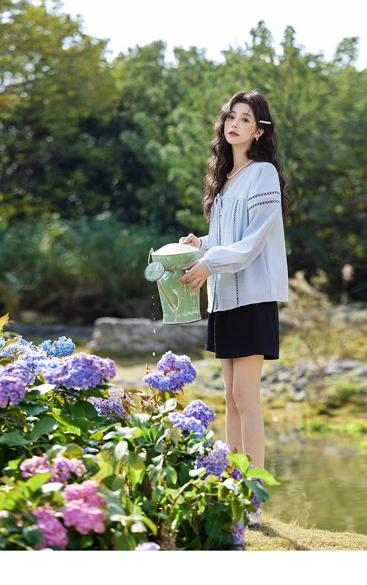 MISHOW Blue V-Neck Shirt Lace-Up Hollow Lantern Sleeve MXE12C0411