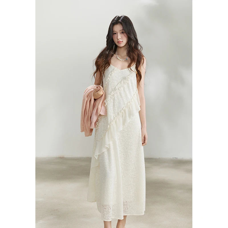 Mishow Cream Irregular Lace Ruffled Slip Dress MXF108L1005