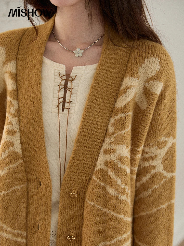 Mishow Yellow Jacquard Plant Pattern Cardigan MXE48Z2522