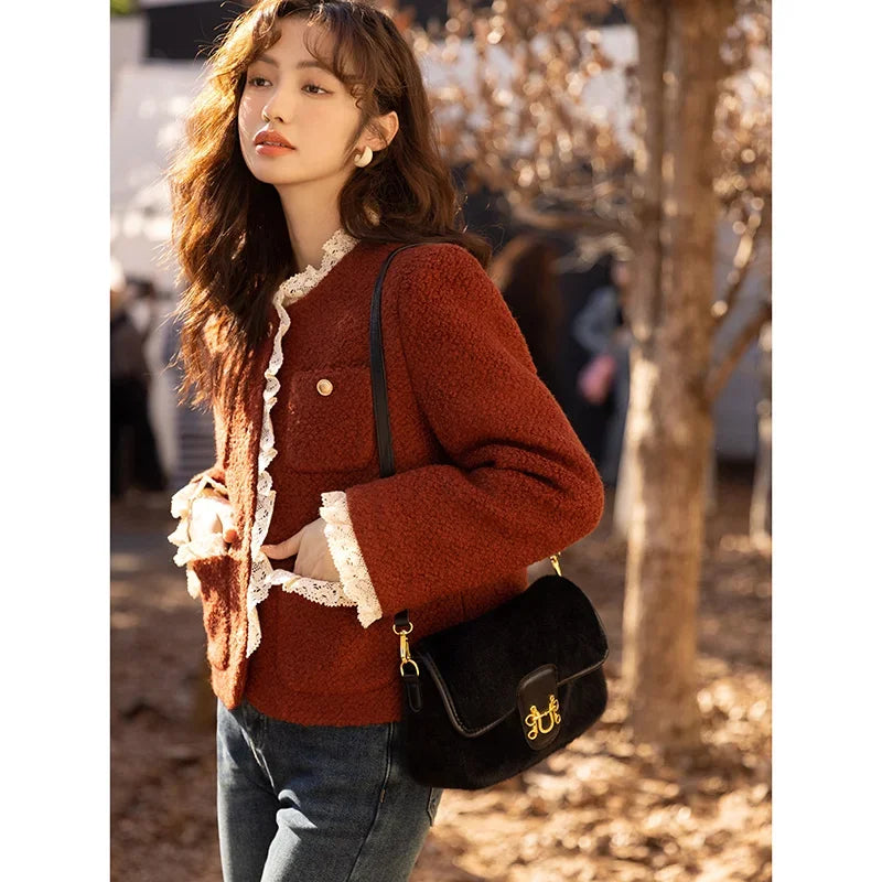 MISHOW Wool Coat Lace Splicing Lamb Wool Button Pockets MXB43W0720