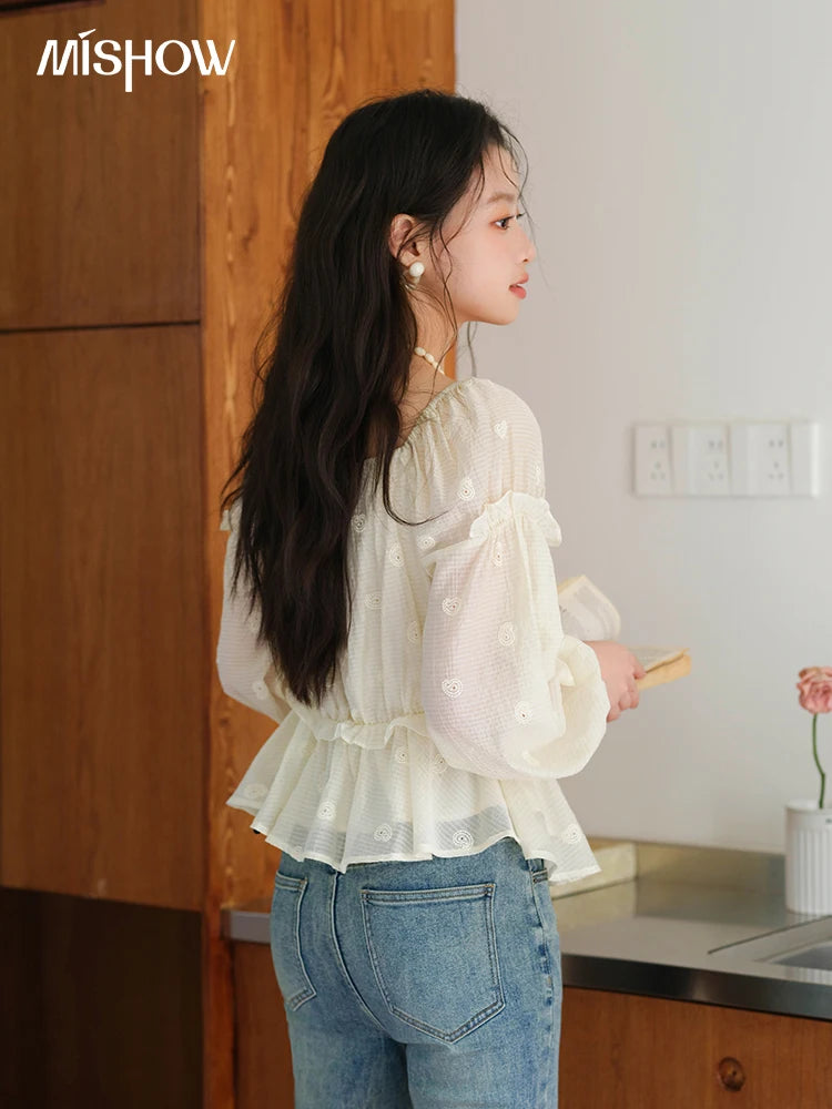 MISHOW Cashew Flower Embroidered Blouse V-Neck Lace Up Puff Sleeve MXE41X1945