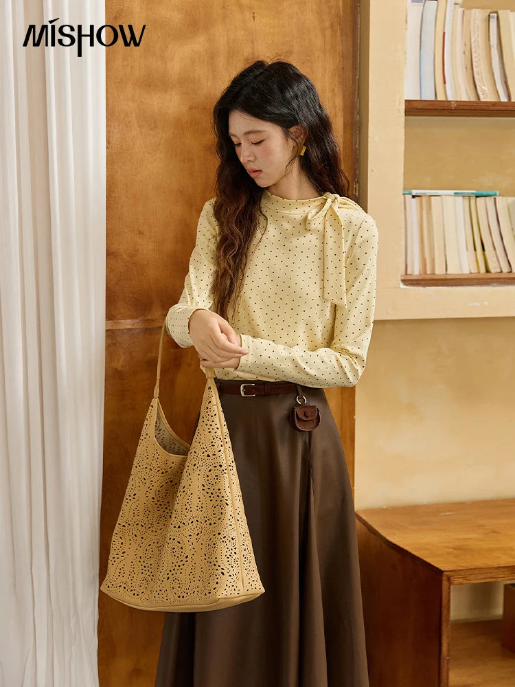 Mishow Yellow Polka Dot Lace Up Collar Pullover MXE45Z1379
