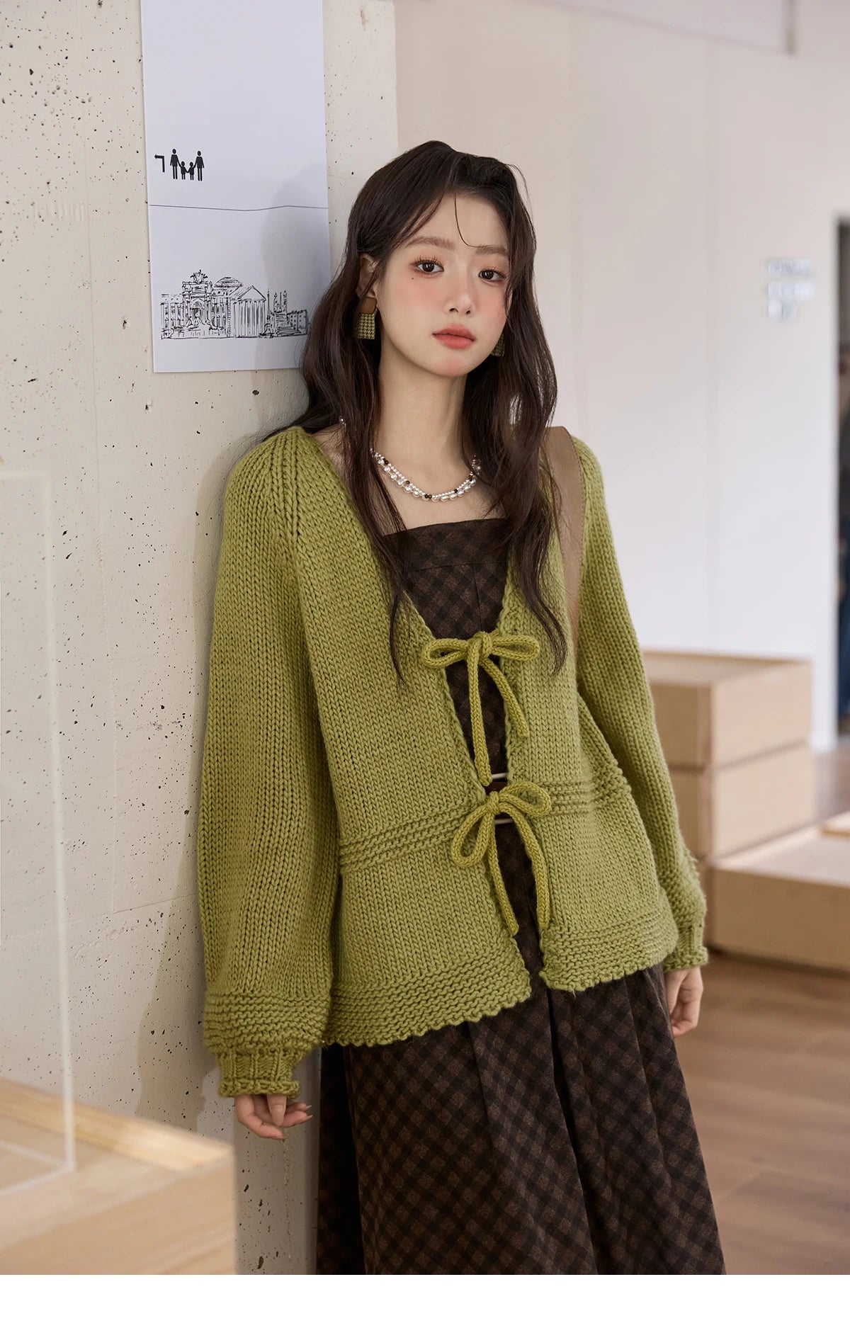 Mishow Avocado Green Lantern Sleeve Lace-Up Cardigan MXE51Z2694