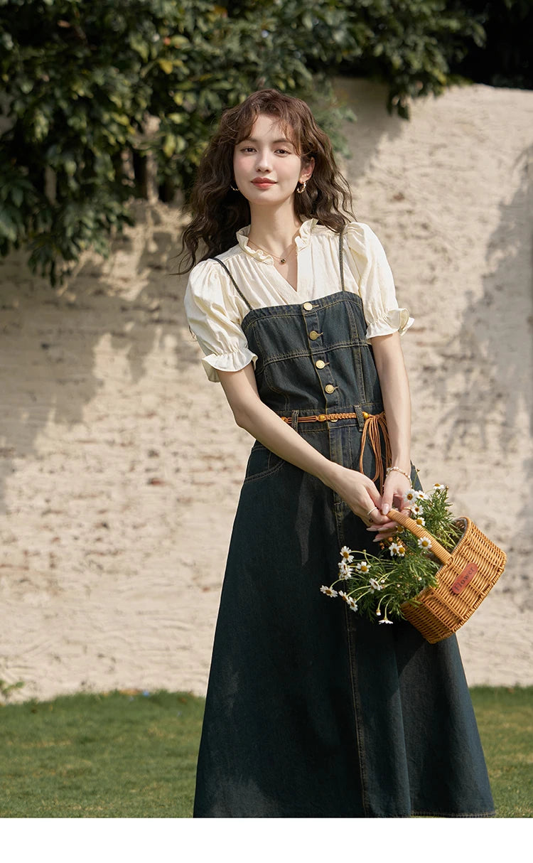 MISHOW Denim Suspender Dress & Puff Sleeve Blouse Set MXD21L1664