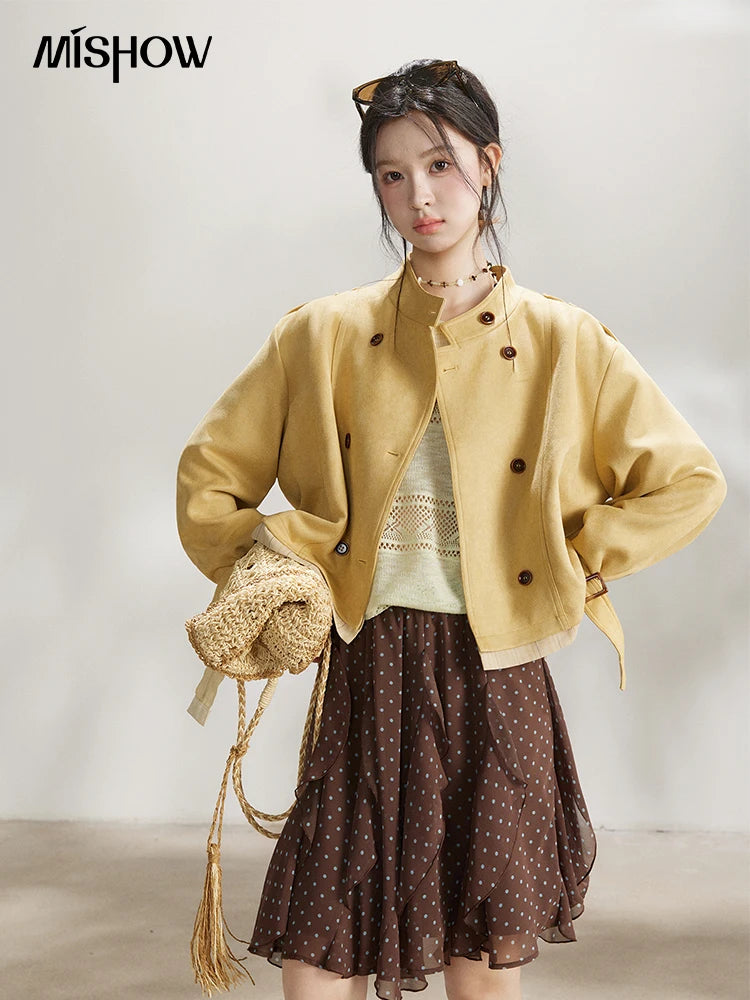Mishow Yellow Double-Breasted Stand Collar Trench MXF11W1026