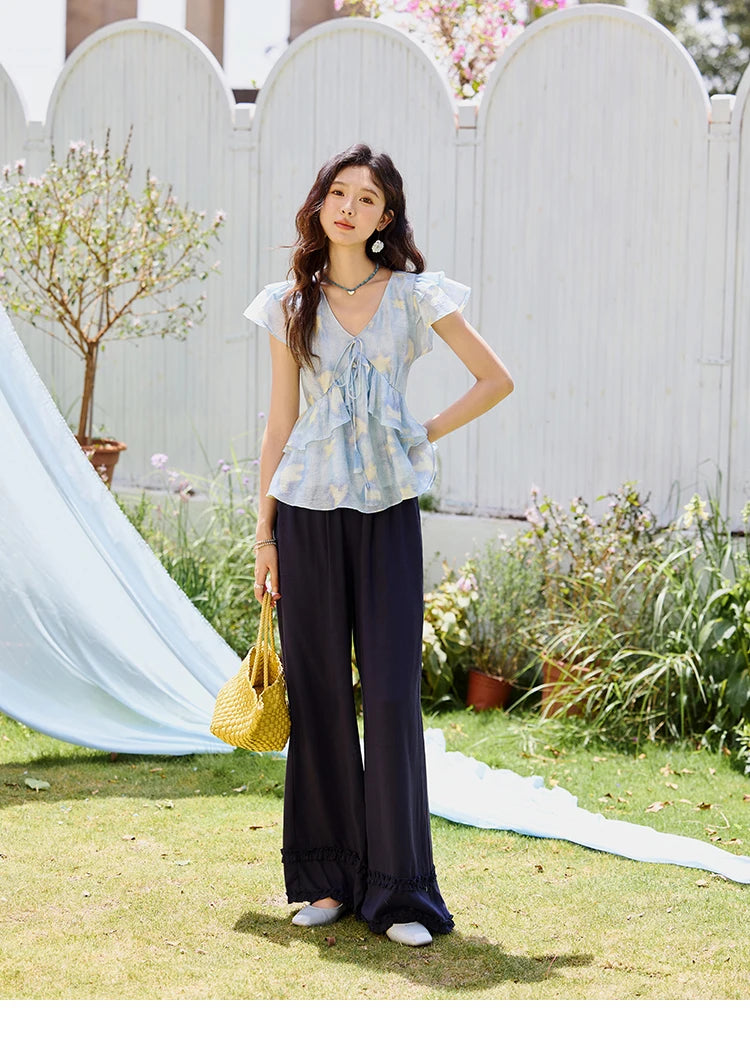 MISHOW Women's Blue Double-Layer Ruffled Linen V-Neck Blouse MXE33X1819