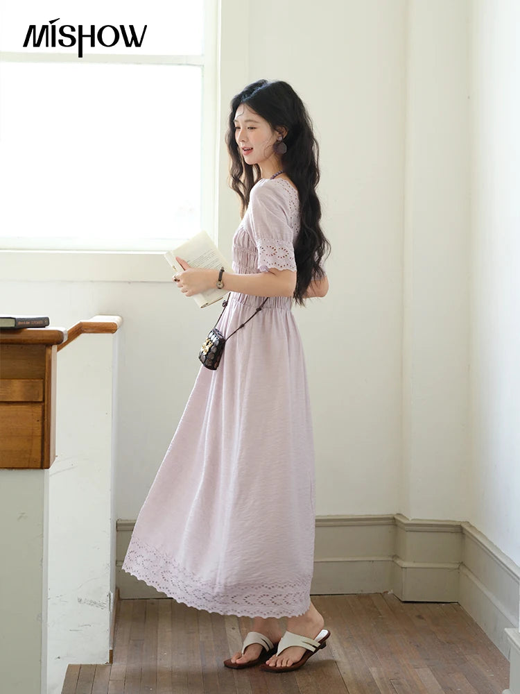 Mishow Purple Square Neck Puff Sleeve Lace Dress MXE39L2406
