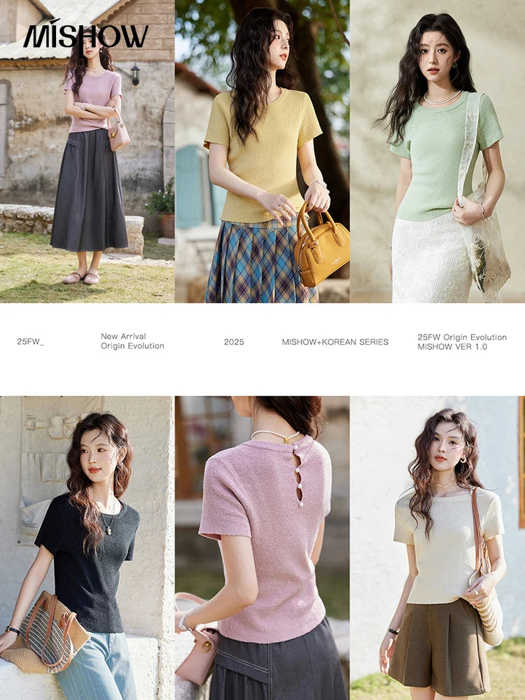 Mishow Back Hollow Pearl Button Knit Tee MXE13Z1072