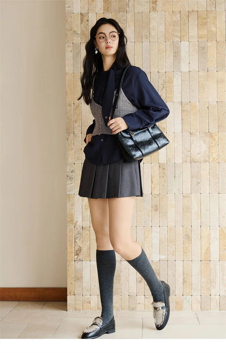 MISHOW Navy Ribbon Layered Shirt Knit Camisole Two-Piece Set MXE47T1412