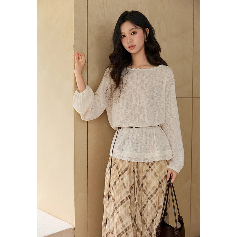 Mishow Lace Trim Boat Neck Knit Top with Belt MXF13Z3002