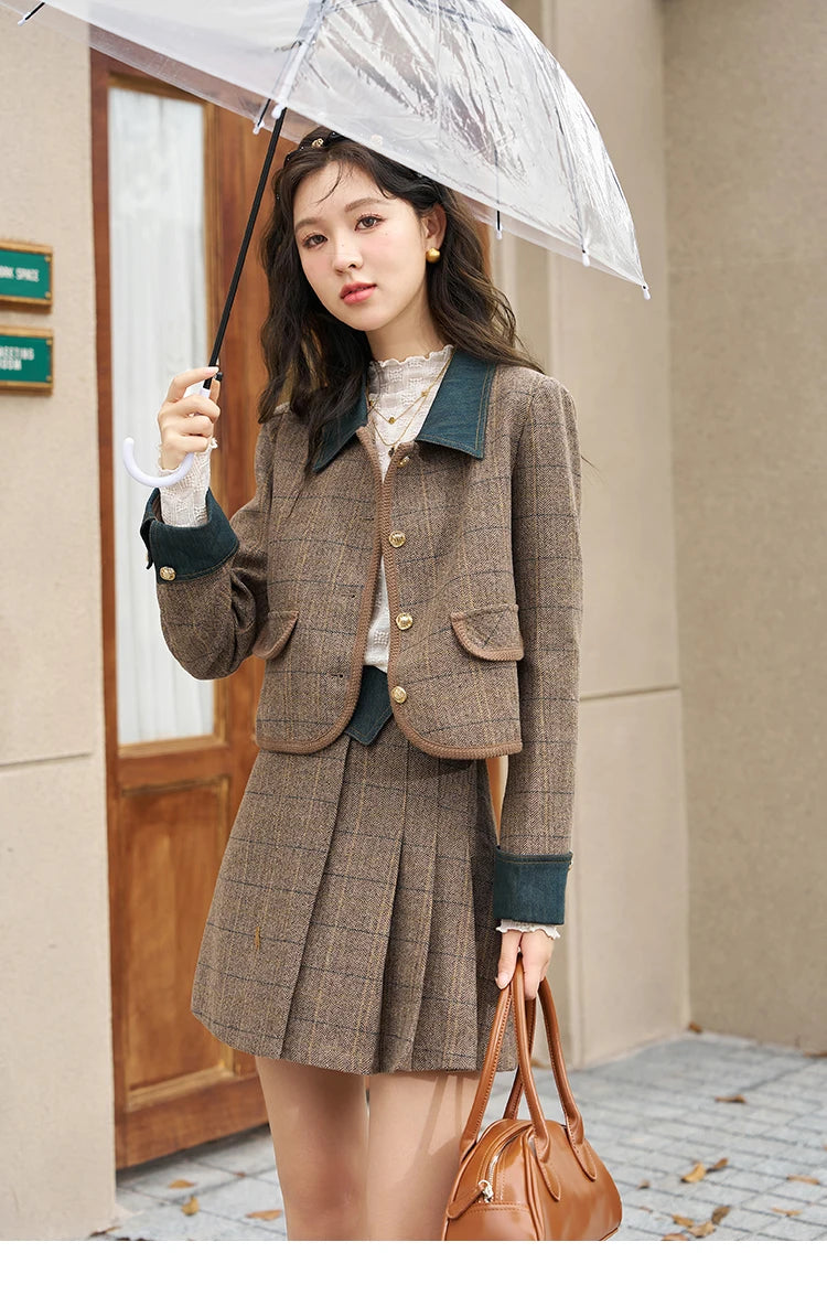 Mishow Fashion Retro Plaid Wool Jacket & Half Pleated Skirt Set MXC47W0154
