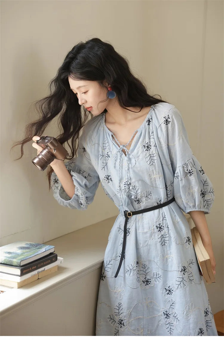 MISHOW Blue Flower Embroidered Lantern Sleeve Dress MXE42L2493