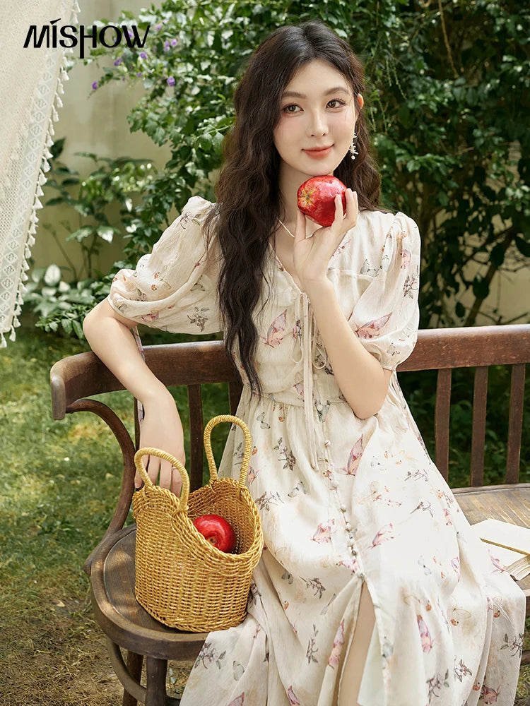 Mishow Butterfly Print V-Neck Lace-Up Bubble Sleeve Dress MXD15L1778