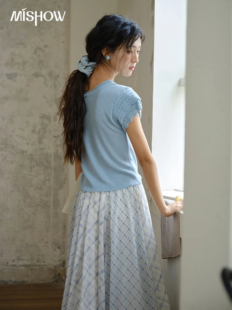 Mishow Blue Button O-Neck Wool Tee MXE34Z1262