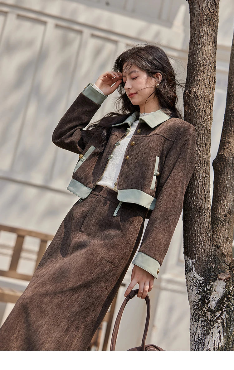 Mishow Fragrant Lapel Jacket & Contrasting Leather Skirt Set MXD43W0444