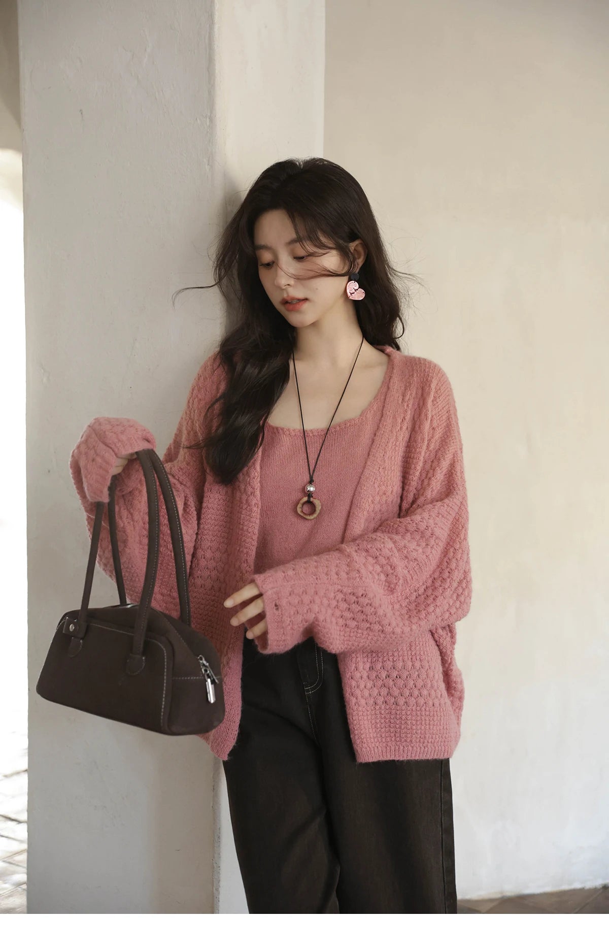 Mishow Pink Long Sleeves Cardigan with Vest Set MXE44T0737