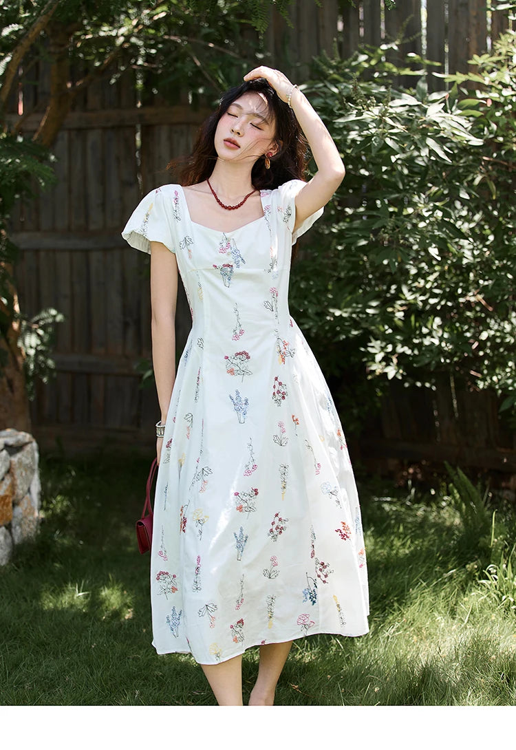 Mishow French Embroidery Square Neck Puff Sleeve Dress MXE39L2389