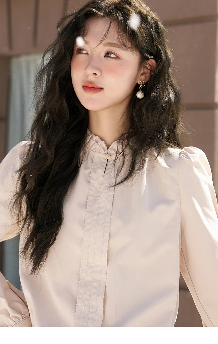 MISHOW Button Up Lantern Sleeve Shirt Ruffle Neck MXC56X1320