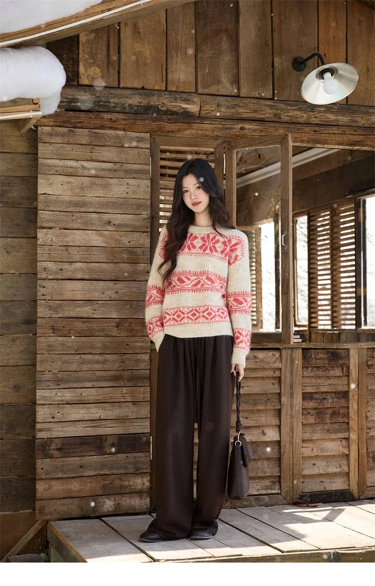 Mishow Christmas Beige White Geometric Jacquard Sweater MXE93Z2938