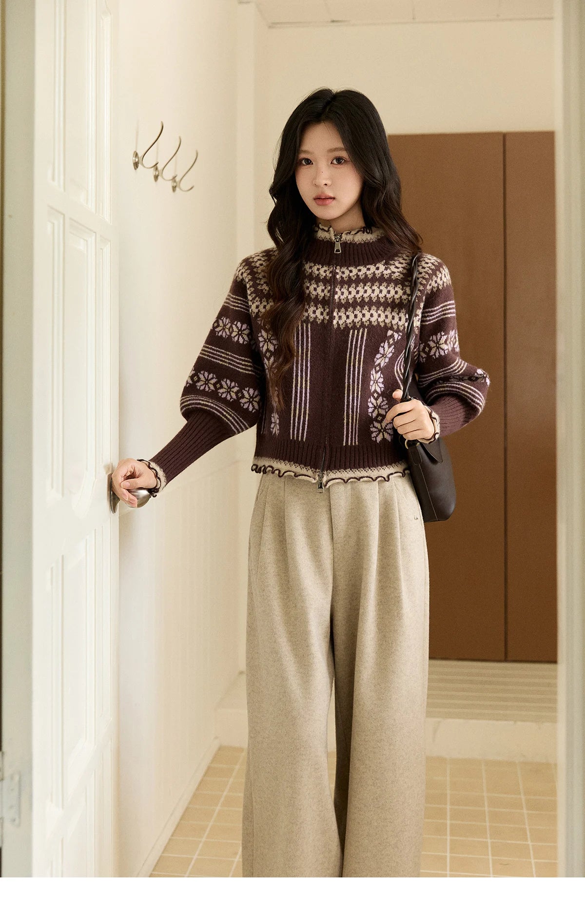 Mishow Brown Fair Isle Lantern Sleeve Zipper Top MXE91Z2868