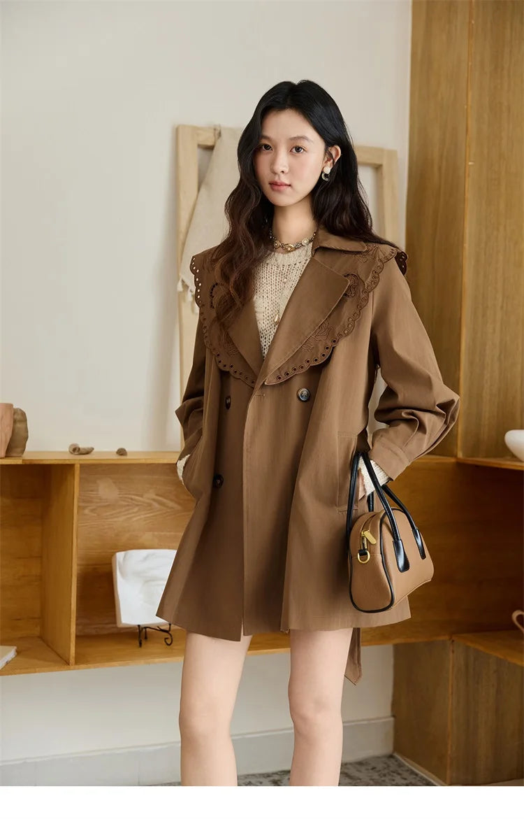 Mishow Hollow Embroidery Mid-Length Trench Coat MXE46W0862