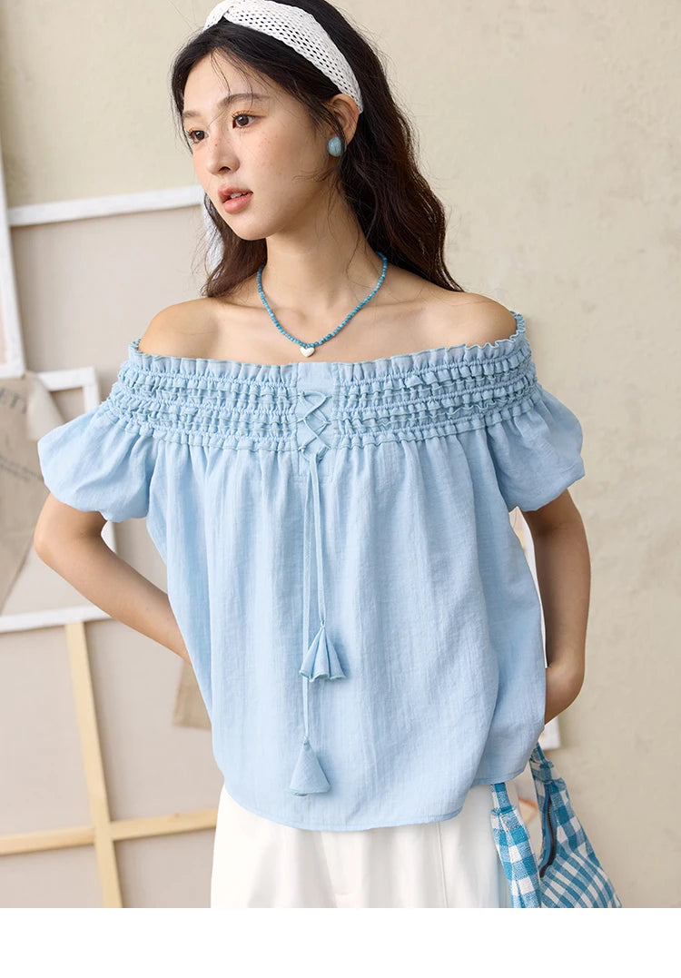 MISHOW Mist Blue One Shoulder Blouse Elastic Pleated Puff Sleeve MXE34X1796