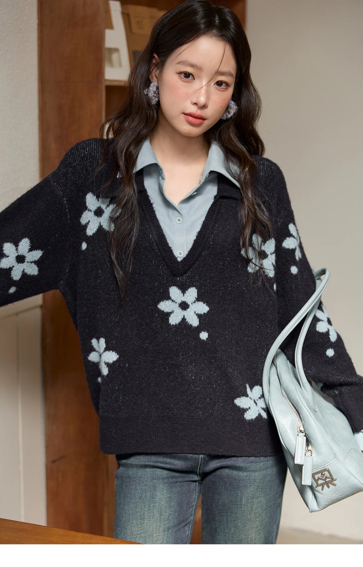 Mishow Dark Blue Fake Two-Piece Turn-Down Collar Sweater MXE51Z2554