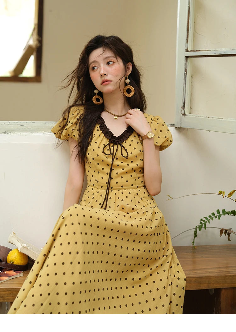 Mishow Polka Dot V-Neck Lace Up Puff Sleeve Dress MXE39L2326
