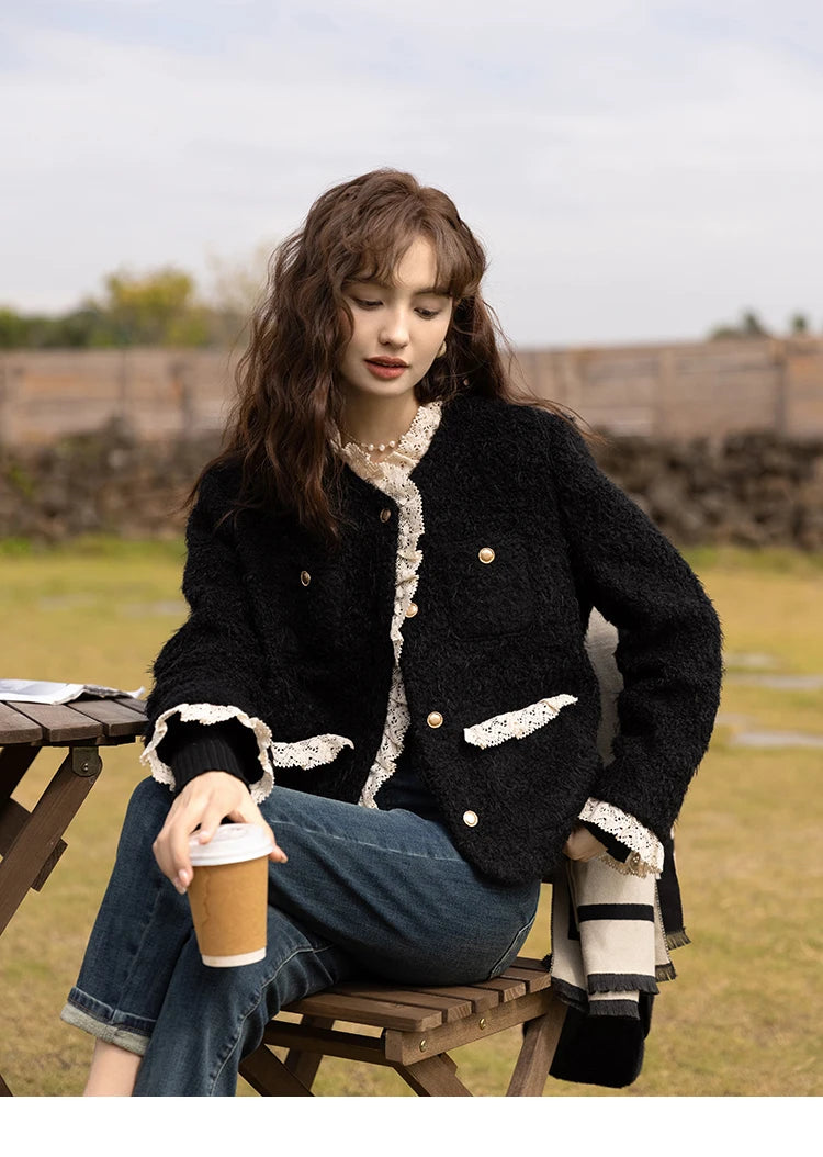 MISHOW Wool Coat Lace Splicing Lamb Wool Button Pockets MXB43W0720