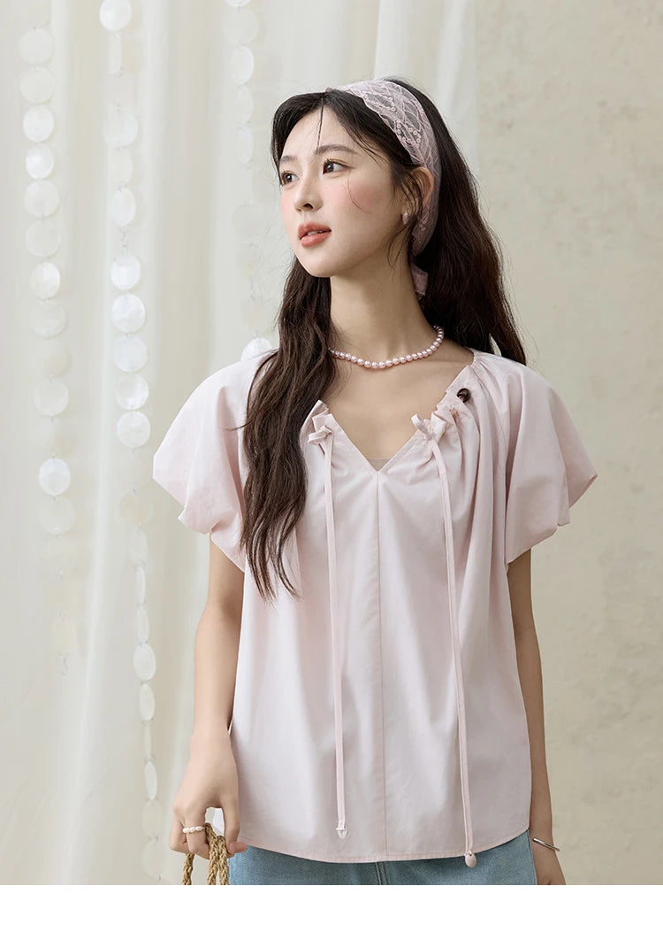 MISHOW V-Neck Puff Sleeve Blouse Beaded Retro Top MXE33X1757