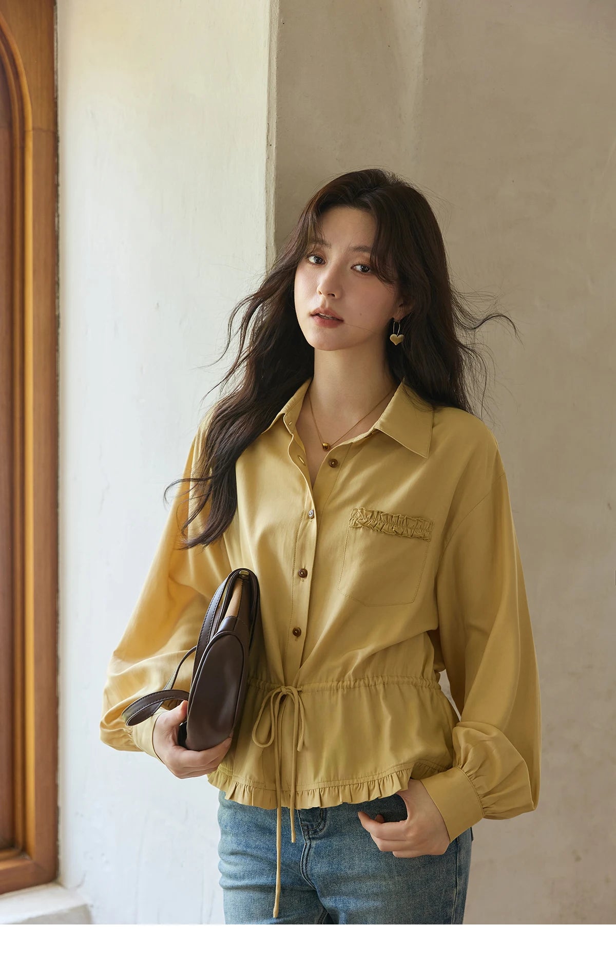 MISHOW Yellow Drawstring Waist Shirt Lapel Lantern Sleeve MXE42C2368