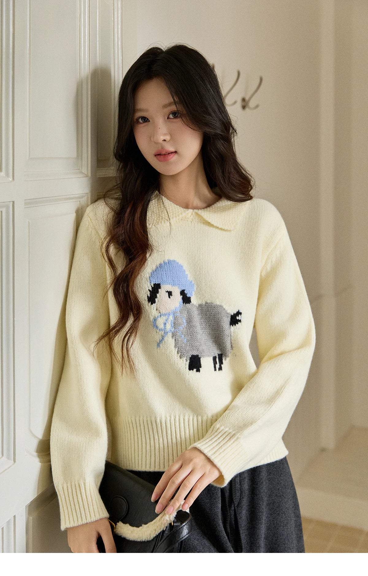 Mishow Beige Sheep Pattern Round Collar Sweater MXE94Z2962