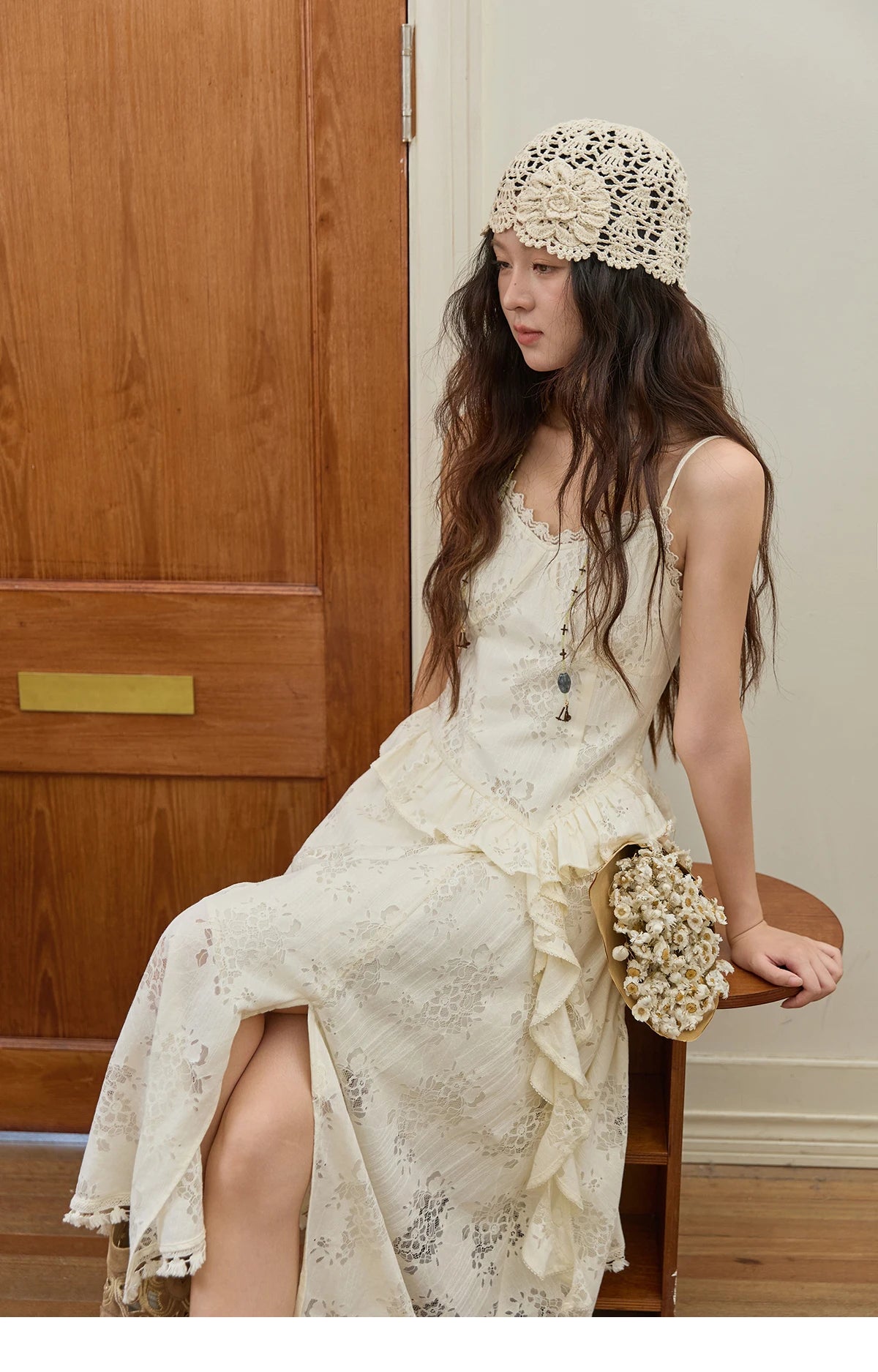 MISHOW Bohemian Apricot Lace Ruffle Tassel Dress MXE43L2449