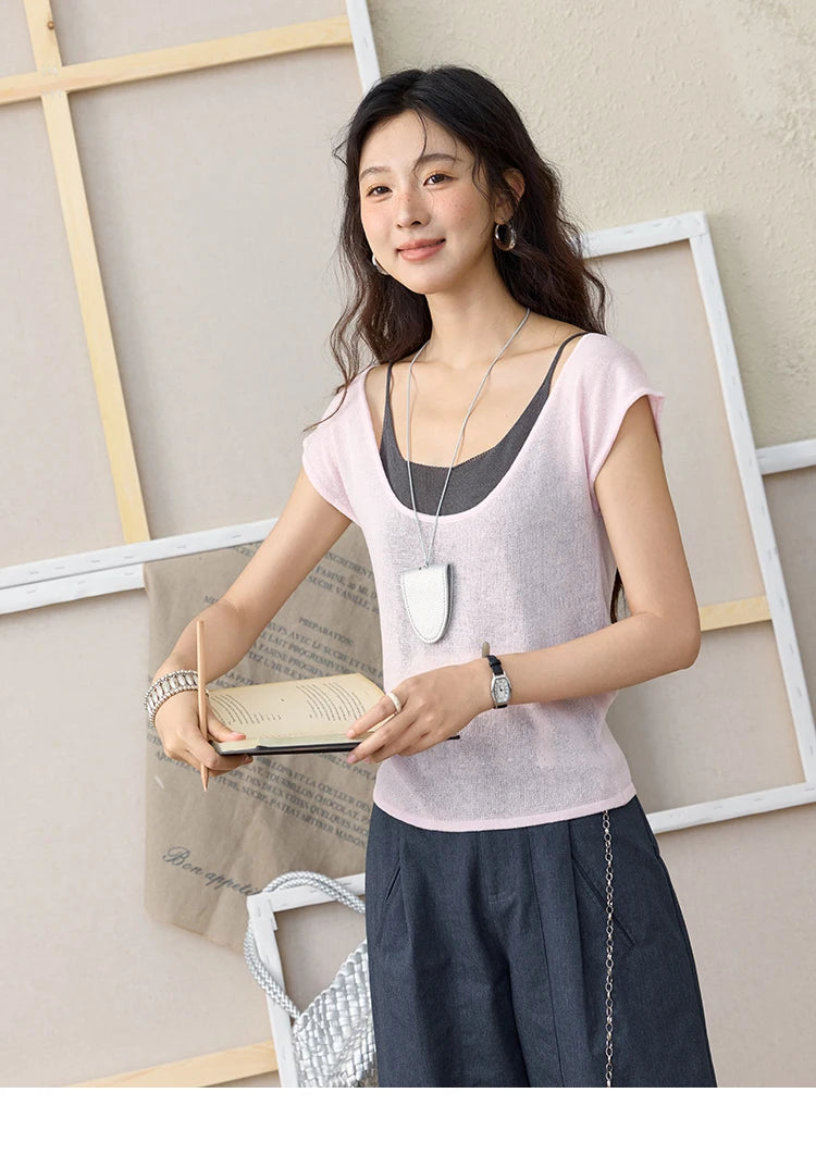 Mishow Linen Contrast Fake Two-Piece Knit Tee MXE36Z1277