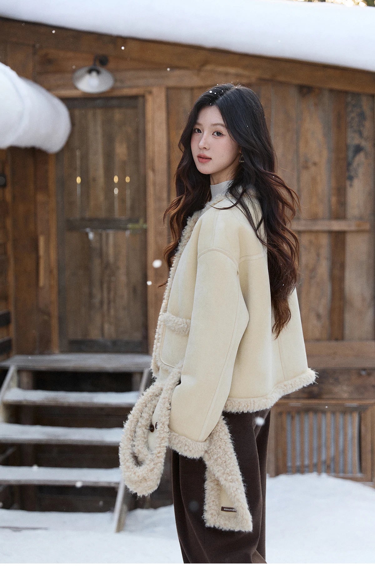 Mishow Cream Yellow Faux Suede Coat with Matching Scarf MXE91W1019