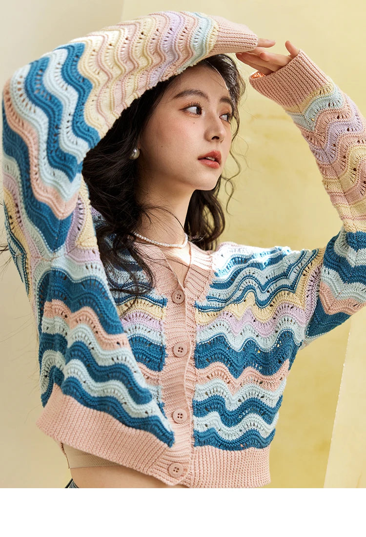 Mishow Color Stripe V-Neck Loose Cardigan MXE16Z1203