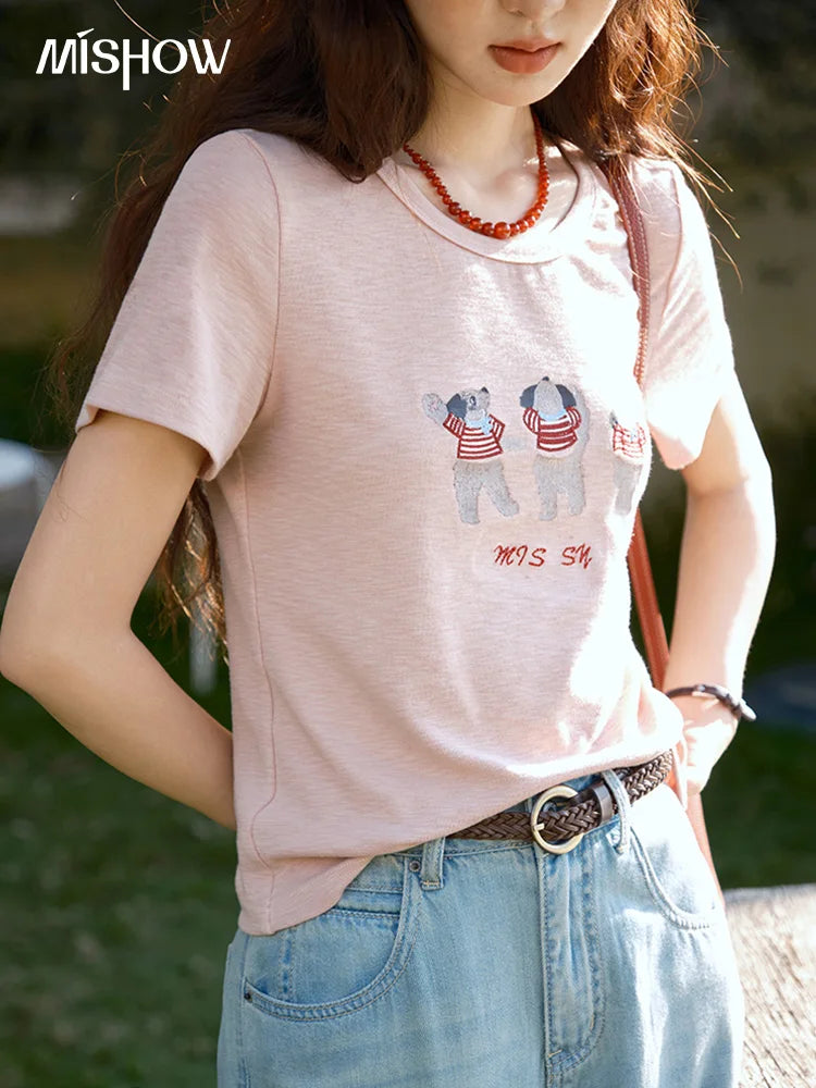 Mishow Little Bear Embroidery Round Neck Tee MXE39T0699