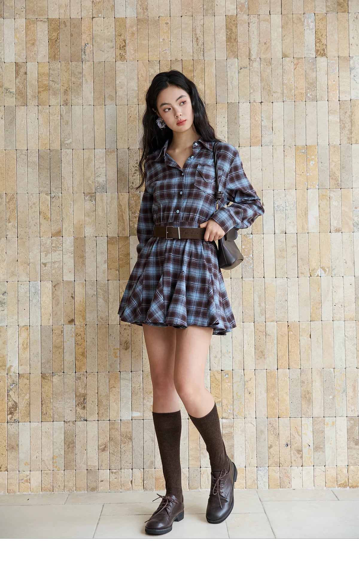 Mishow Blue Plaid Turn-Down Collar Belt Dress MXE48L2525