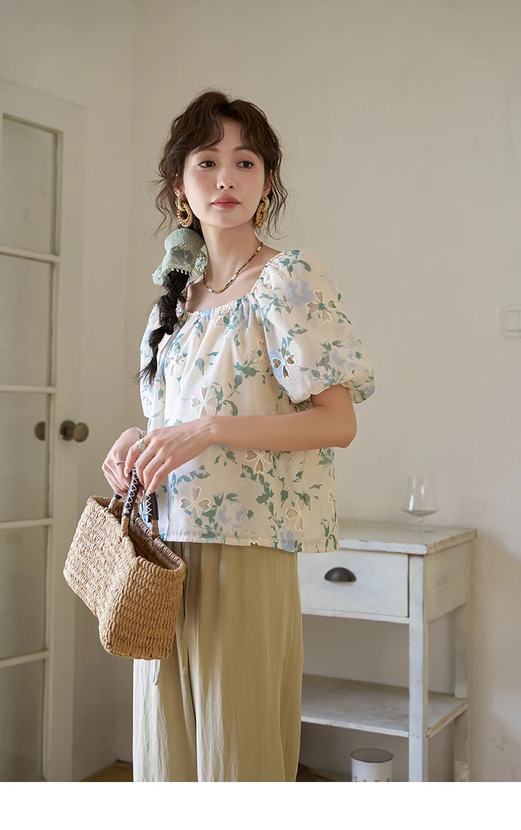 MISHOW Floral Hollow Blouse Square Collar Puff Sleeve MXD29X1602