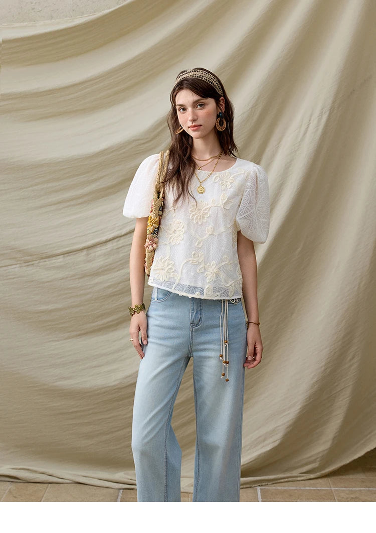 MISHOW Short Puff Sleeve Blouse Round Neck Jacquard MXE32X1772