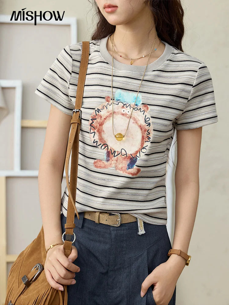 Mishow Striped Pufferfish Print Cotton Tee MXE32T0538