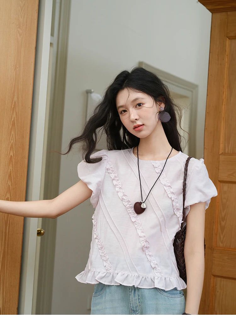 MISHOW Fungus Edge Puff Sleeve Blouse O-Neck Loose MXE39X1941
