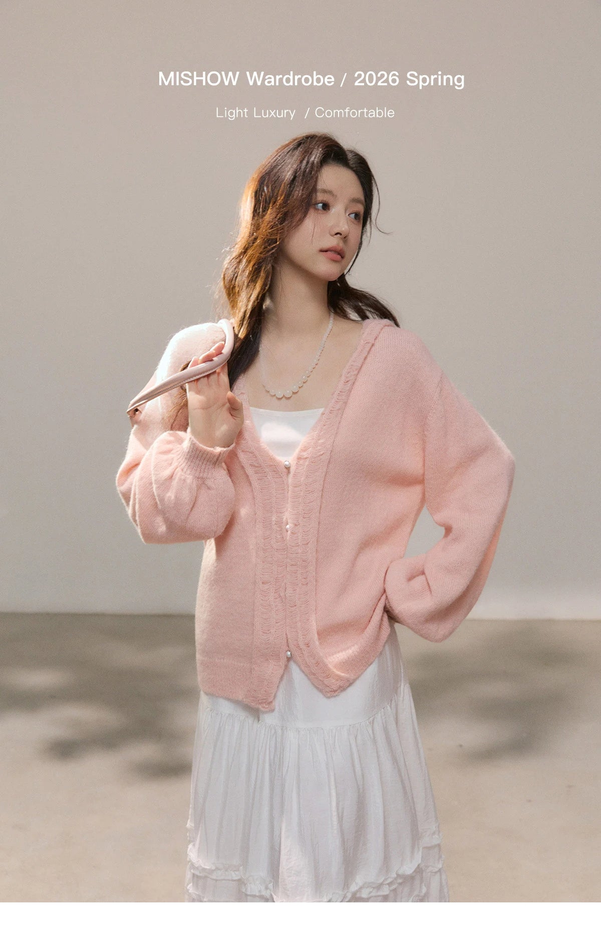 Mishow Pink Ruffled Pearl Button V-Neck Cardigan MXF108Z1028