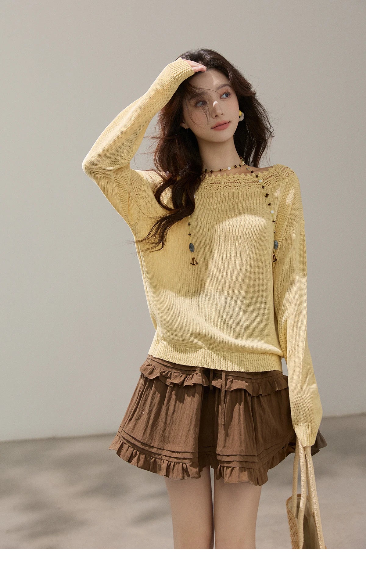 Mishow Yellow Hollow Lace Trim Boat Neck Sweater MXF15Z3050