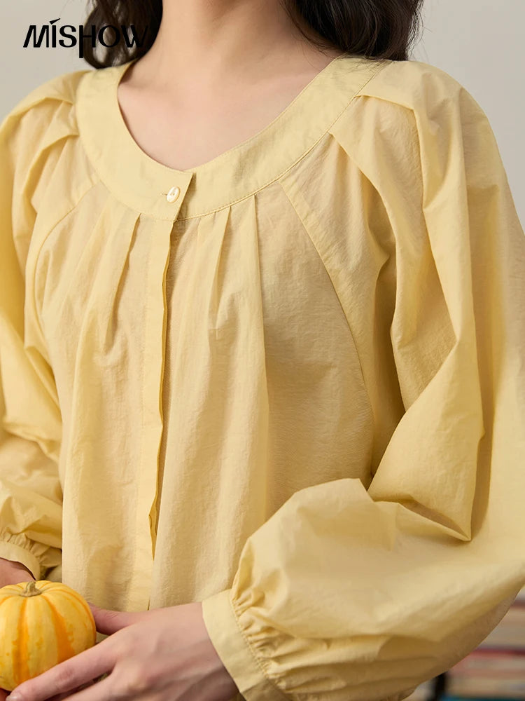 MISHOW Light Yellow Pleated Shirt Drawstring Hem Lantern Sleeve MXE45X2490