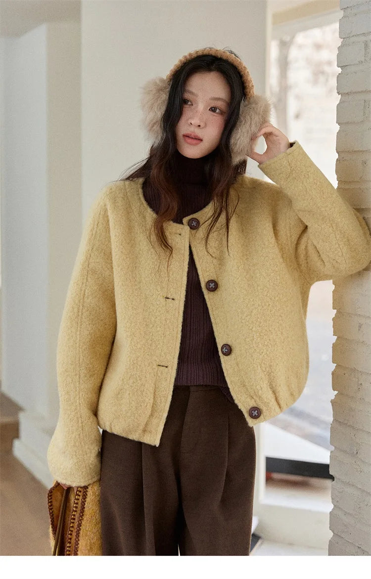 MISHOW Brown Wool Quilted Coat Round Neck Short Loose MXE87W0935