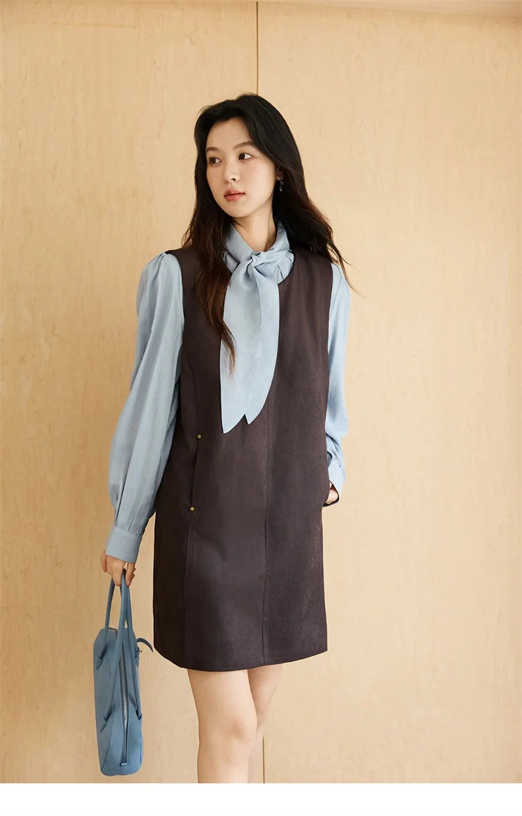 Mishow Light Blue Shirt & Brown Vest Skirt Suit MXE47T1408